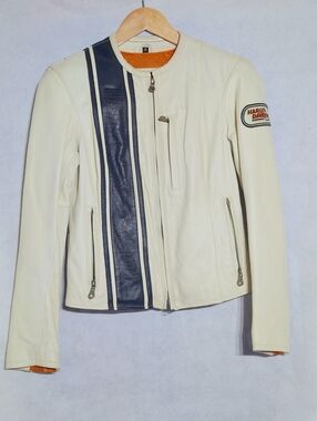 Harley-Davidson Women's Cream Cafe Racer Leather Jacket with Black Stripe Sz S